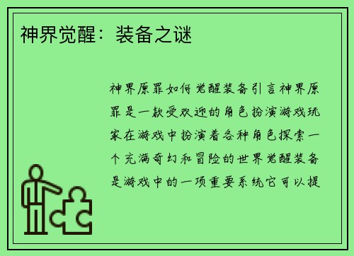 神界觉醒：装备之谜